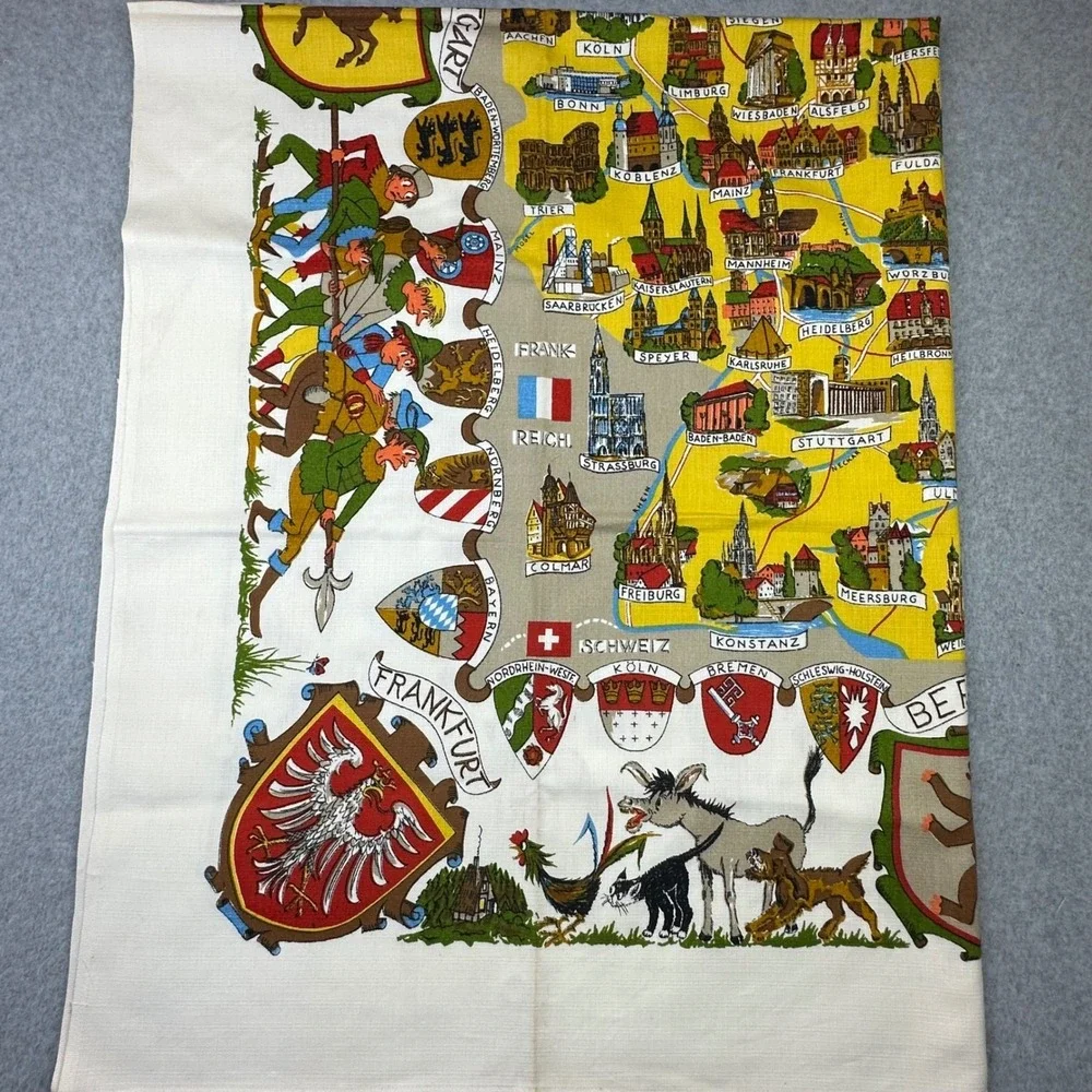 Vtg 50s Germany Souvenir Map Tea Towel Illustrated Cities Coats of Arms‎ 62